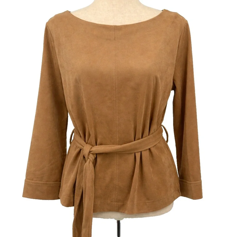 Banana Republic Womens Top M NWT Vegan Suede Office Brown Minimalist Belted Soft - Picture 1 of 8